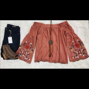 Burnt orange off the shoulder top